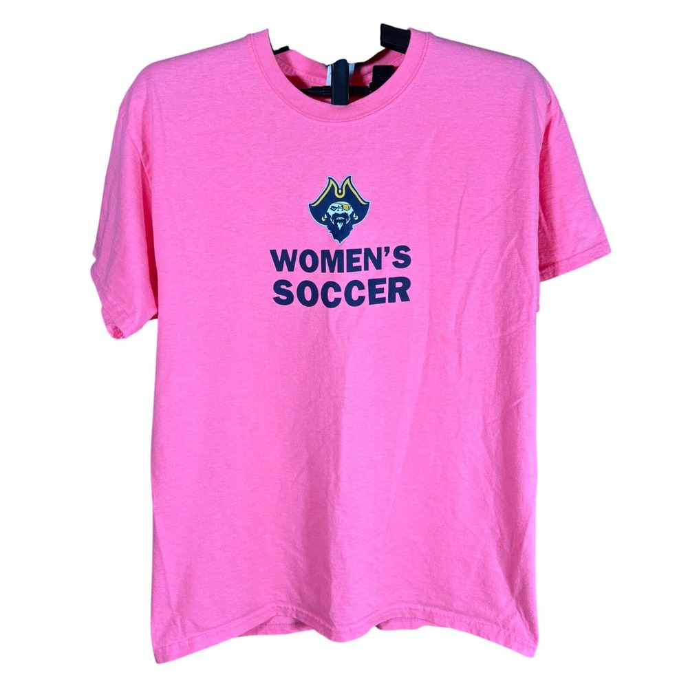 Gildan UMASS Dartmouth Womens Soccer T Shirt Neon Pink Pirate Logo Graphic Tee L
